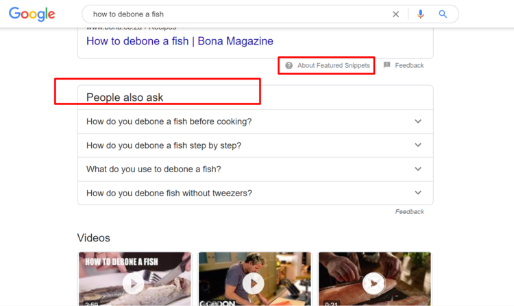 谷歌针对搜索意图优化的内容的特色片段的屏幕截图